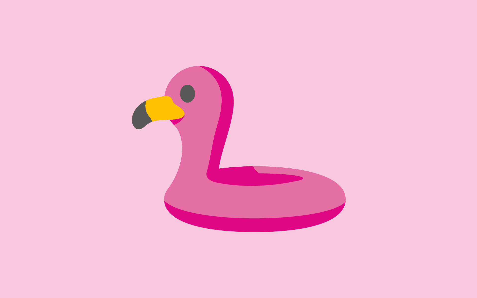 Cartoon van een roze flamingo opblaasband tegen een roze achtergrond.
