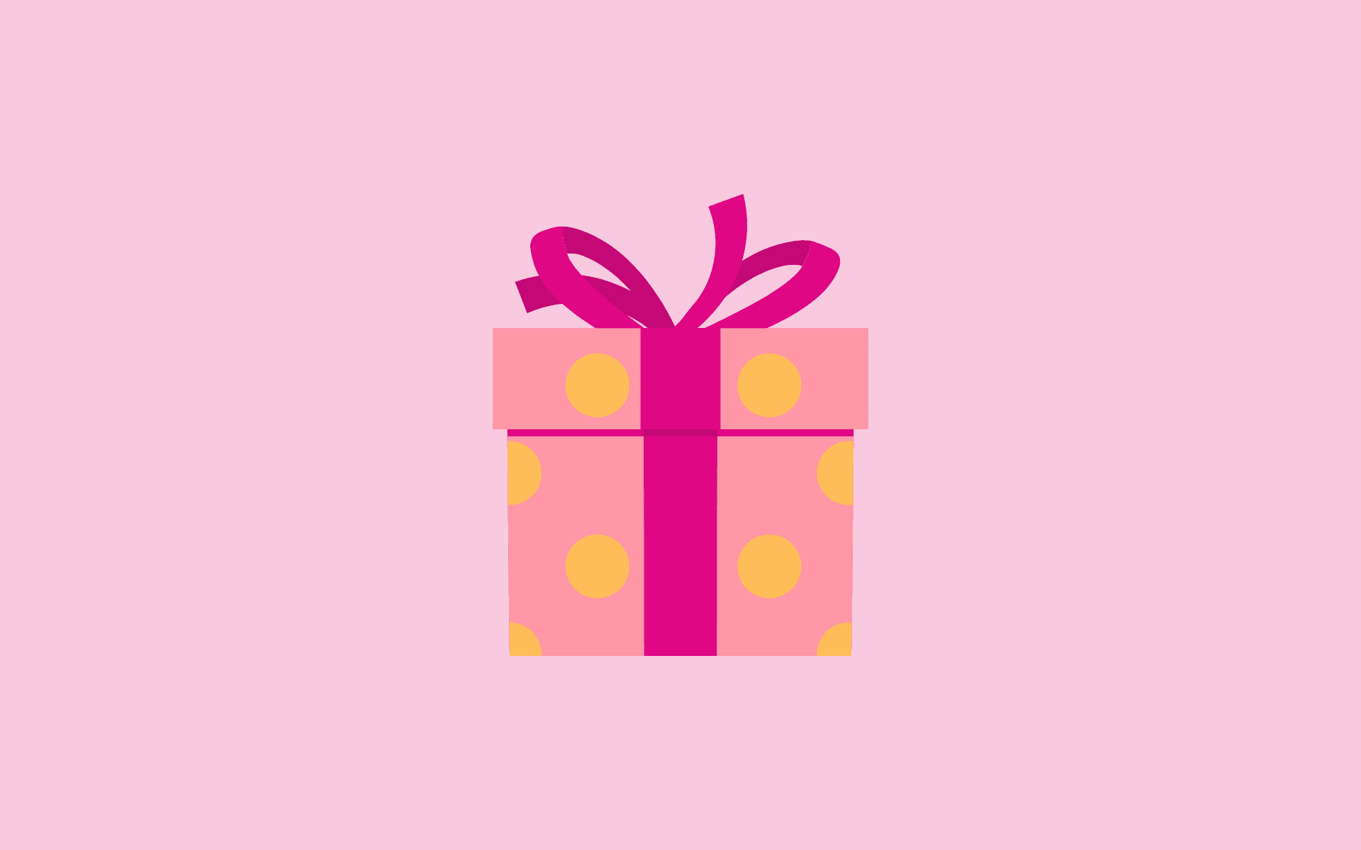 Cartoon van een cadeautje met een donkerroze strik tegen een roze achtergrond.